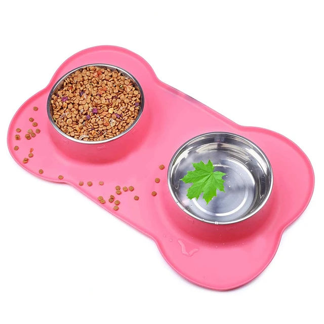 Non-Slip Double Dog Bowl with Silicone Mat & Stainless Steel Feeder