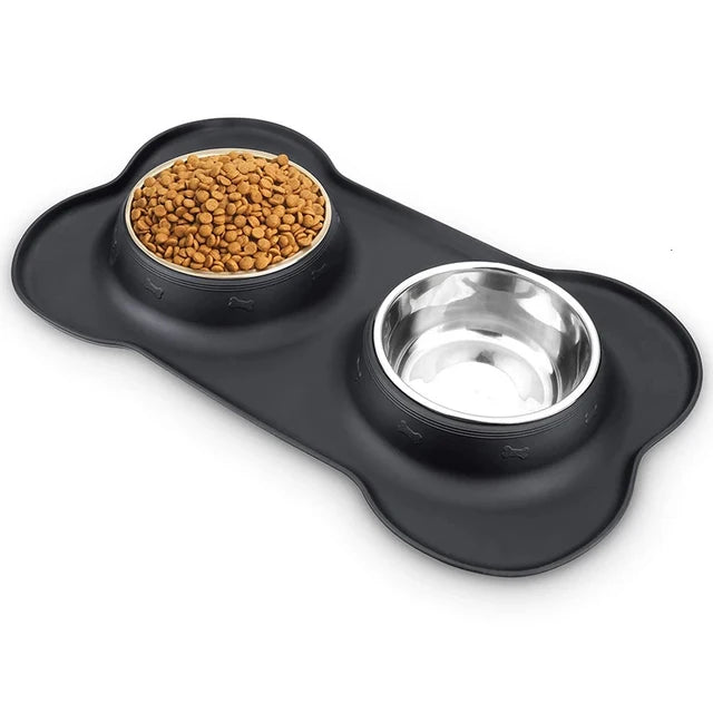 Non-Slip Double Dog Bowl with Silicone Mat & Stainless Steel Feeder