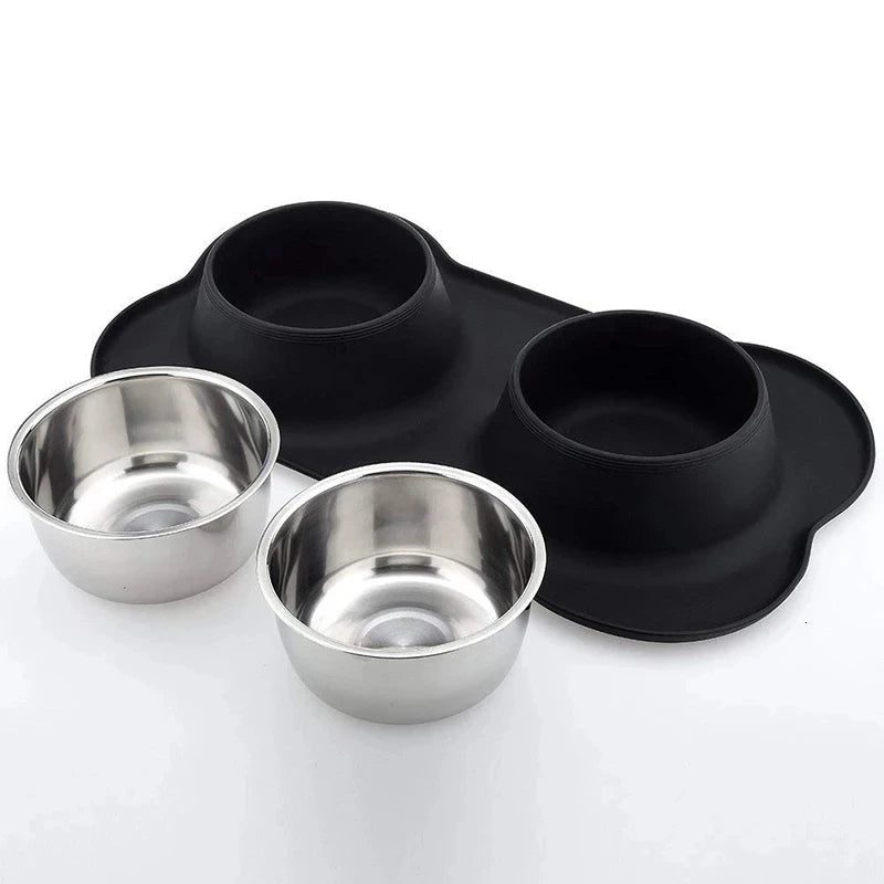 Non-Slip Double Dog Bowl with Silicone Mat & Stainless Steel Feeder