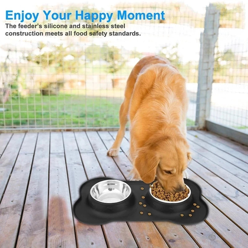 Non-Slip Double Dog Bowl with Silicone Mat & Stainless Steel Feeder