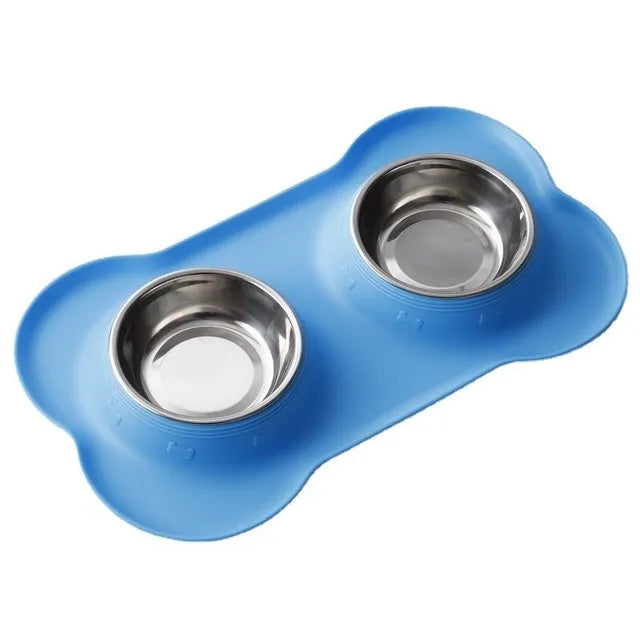 Non-Slip Double Dog Bowl with Silicone Mat & Stainless Steel Feeder