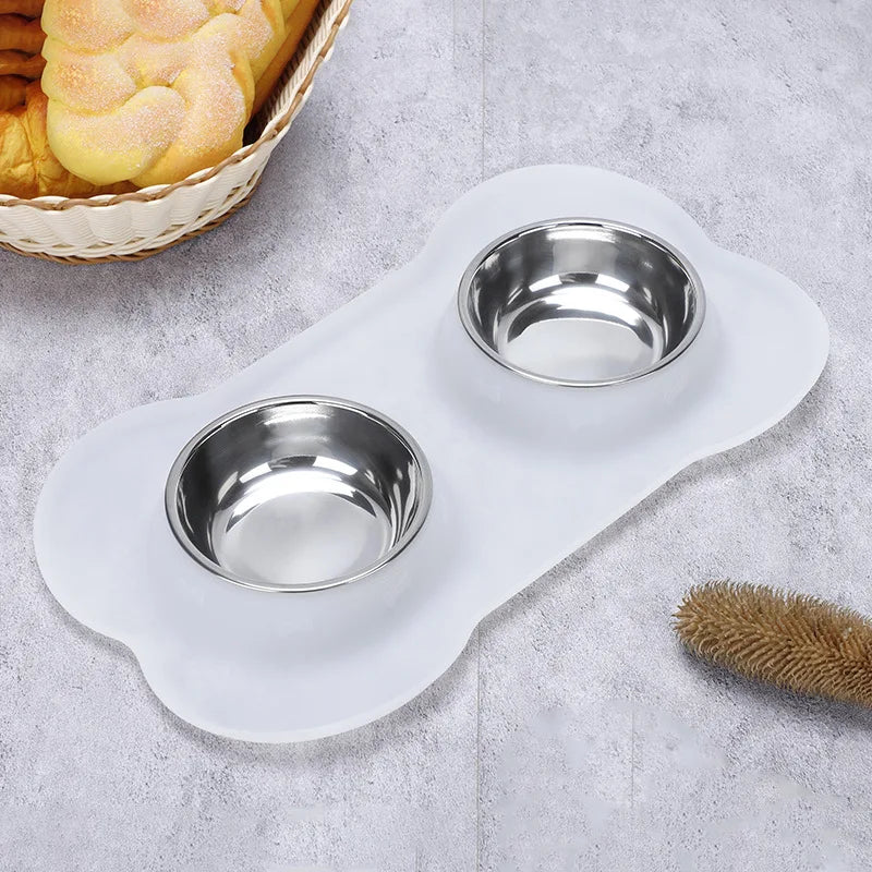 Non-Slip Double Dog Bowl with Silicone Mat & Stainless Steel Feeder