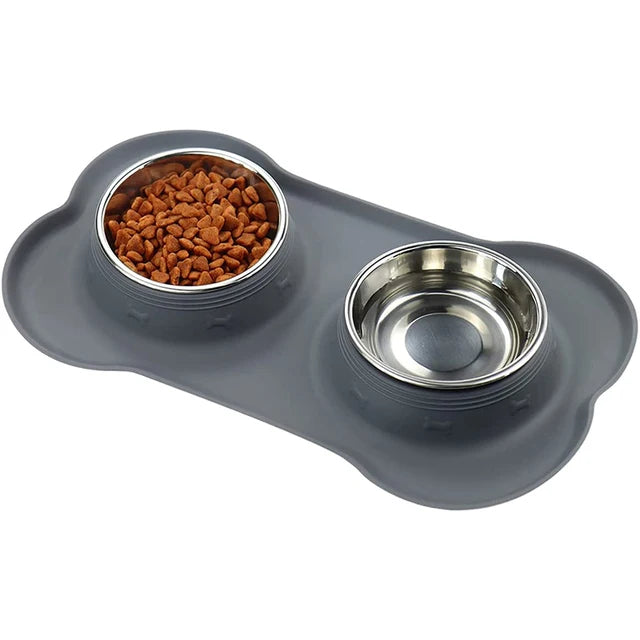 Non-Slip Double Dog Bowl with Silicone Mat & Stainless Steel Feeder