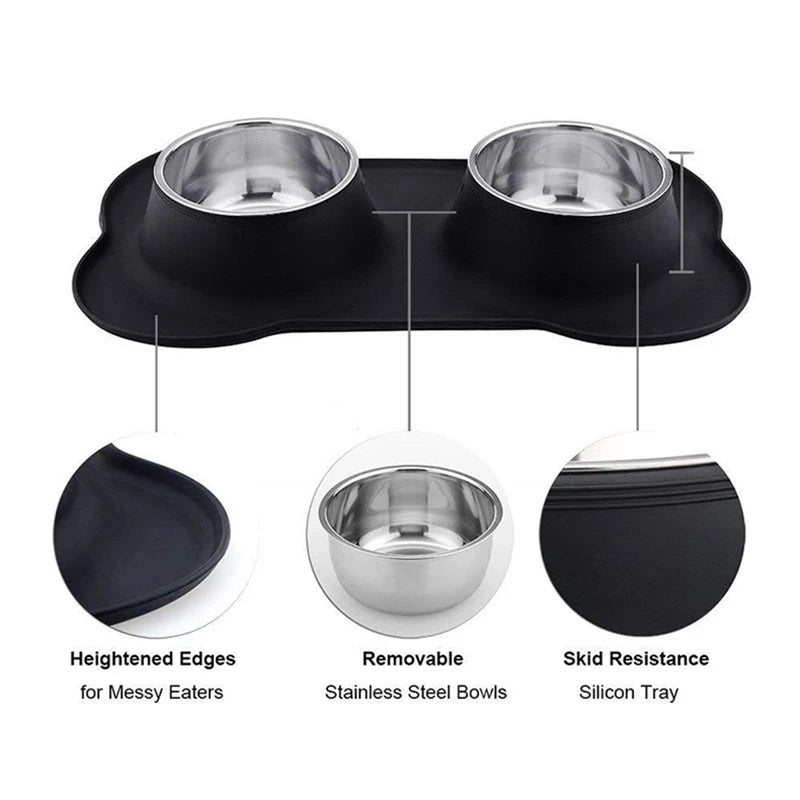 Non-Slip Double Dog Bowl with Silicone Mat & Stainless Steel Feeder