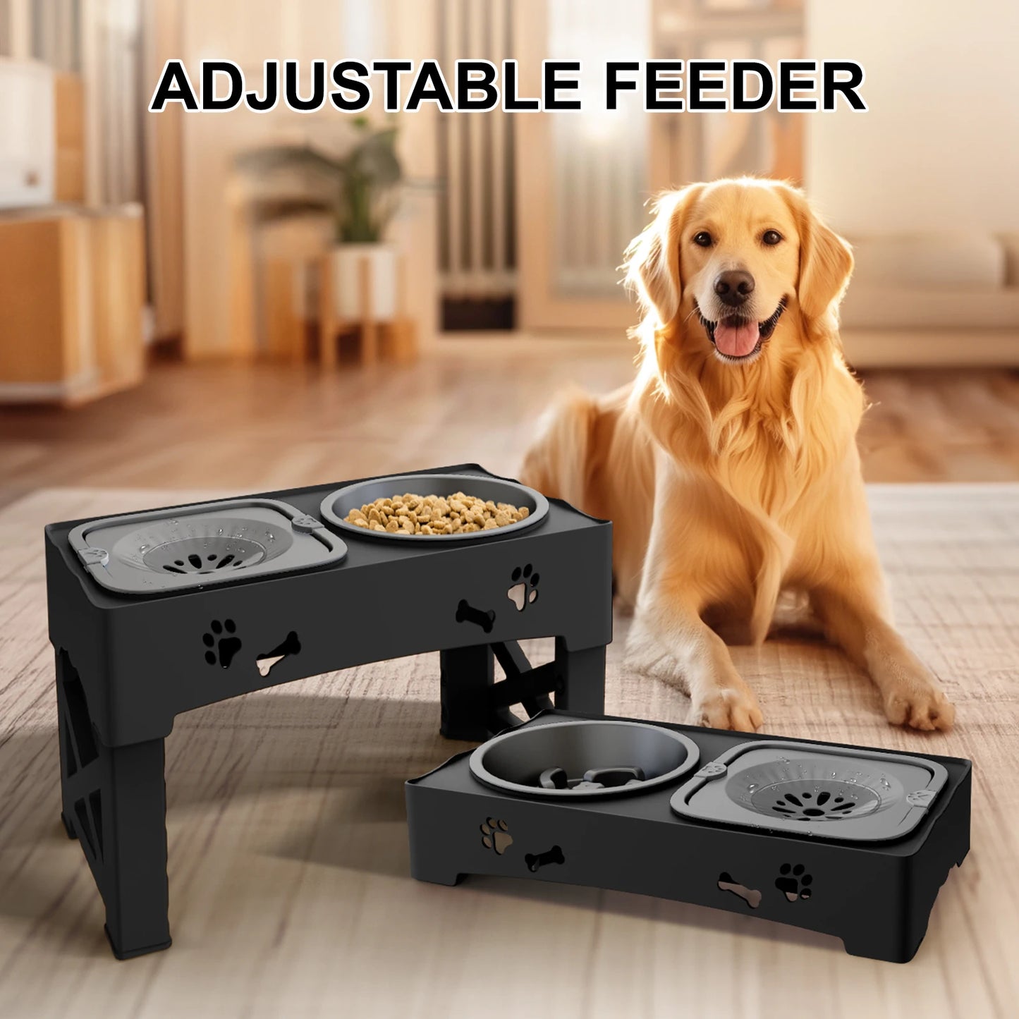 Adjustable 3-in-1 Pet Feeder with Double Bowls & Slow Feed Design